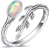 EJALEN S925-Sterling-Silver White Opal Leaf Ring - Adjustable Open Ring Unique Nature Wrap Ring Vine Gemstone Fashion Jewelry Gifts for Women