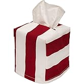 Tissue Box Cover, Soft Cloth Tissue Dispenser Cover for Square Cube Tissue Boxes- One Size Tissue Box Holder Fits Most Cardboard Tissue Holders - Lined, Red and White Striped, Made in USA