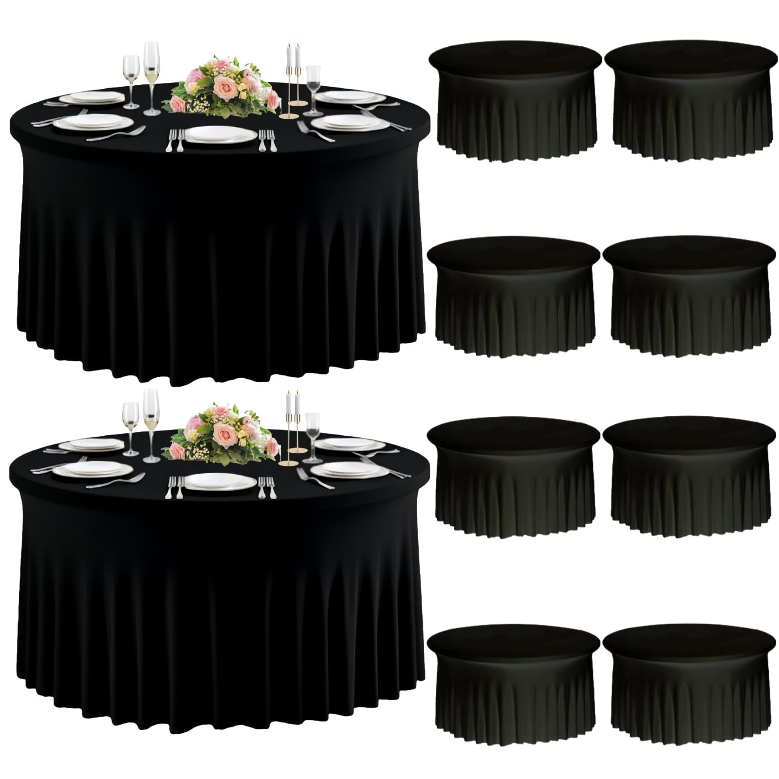 Photo 1 of 10 Pack Black Round Spandex Tablecloth for 60inch Tables, Stretchy 120inch Fitted 5FT Round Table Cloths Wrinkle Free Table Washable Cover with Skirt for Wedding Birthday Party Dining Banquet Events