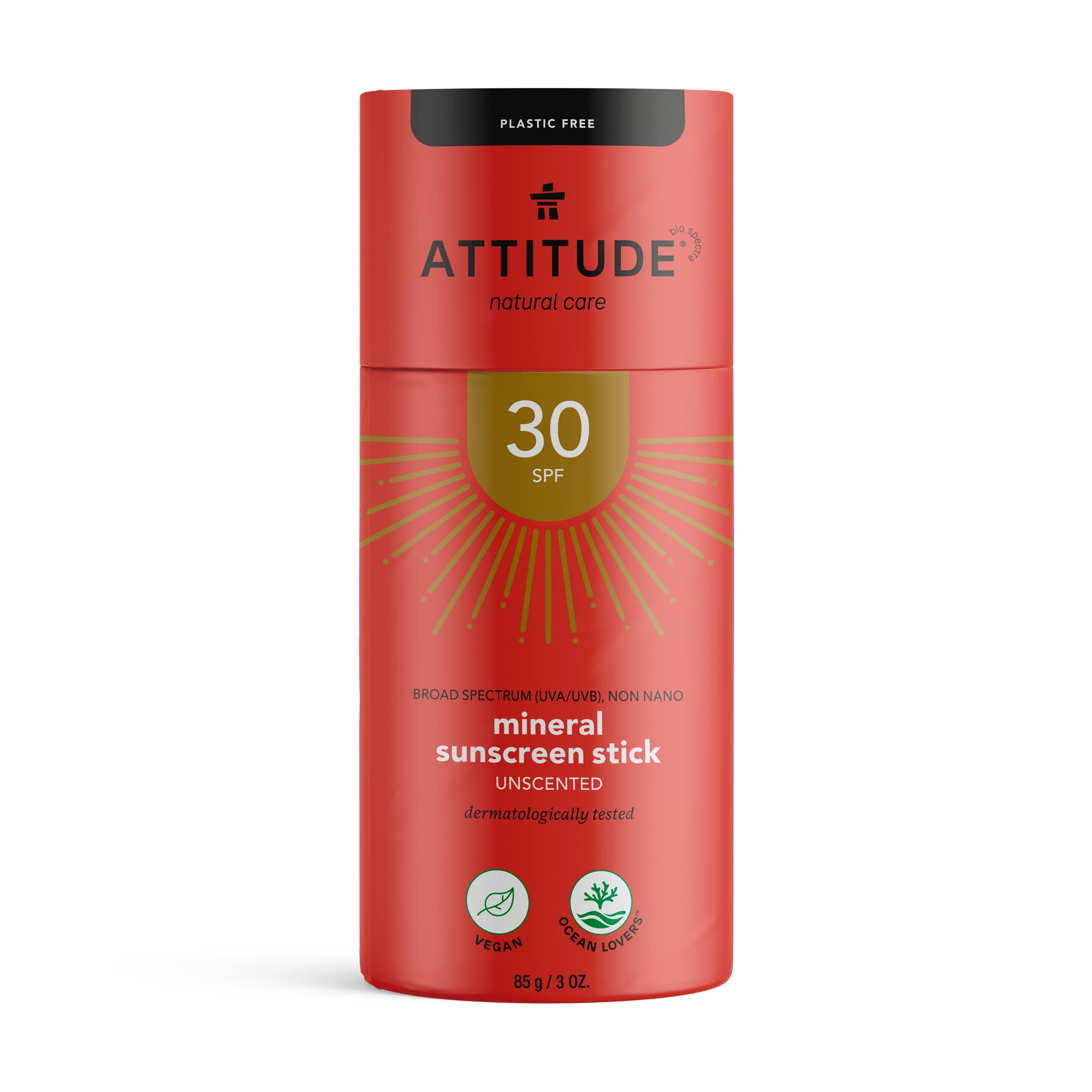 ATTITUDE Body Sunscreen Stick SPF 30, Broad Spectrum UVA and UVB, Plastic-Free Waterless, Plant and Mineral-Based Ingredients, Vegan Sun Care Products, Unscented, 85 grams
