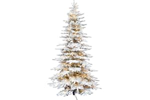Fraser Hill Farm 7.5-Ft. Mountain Pine Flocked Artificial Christmas Tree with Warm White LED Lights and Stand, Prelit Foldable Fake Tree with Realistic Snowy Foliage for Home Decoration