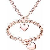 Silver 18k Gold Rose Gold Plated Charm Chunky Stainless Steel Chain Heart Toggle Choker Bracelet Necklace Set for Womens Fashion Valentine Jewelry Set