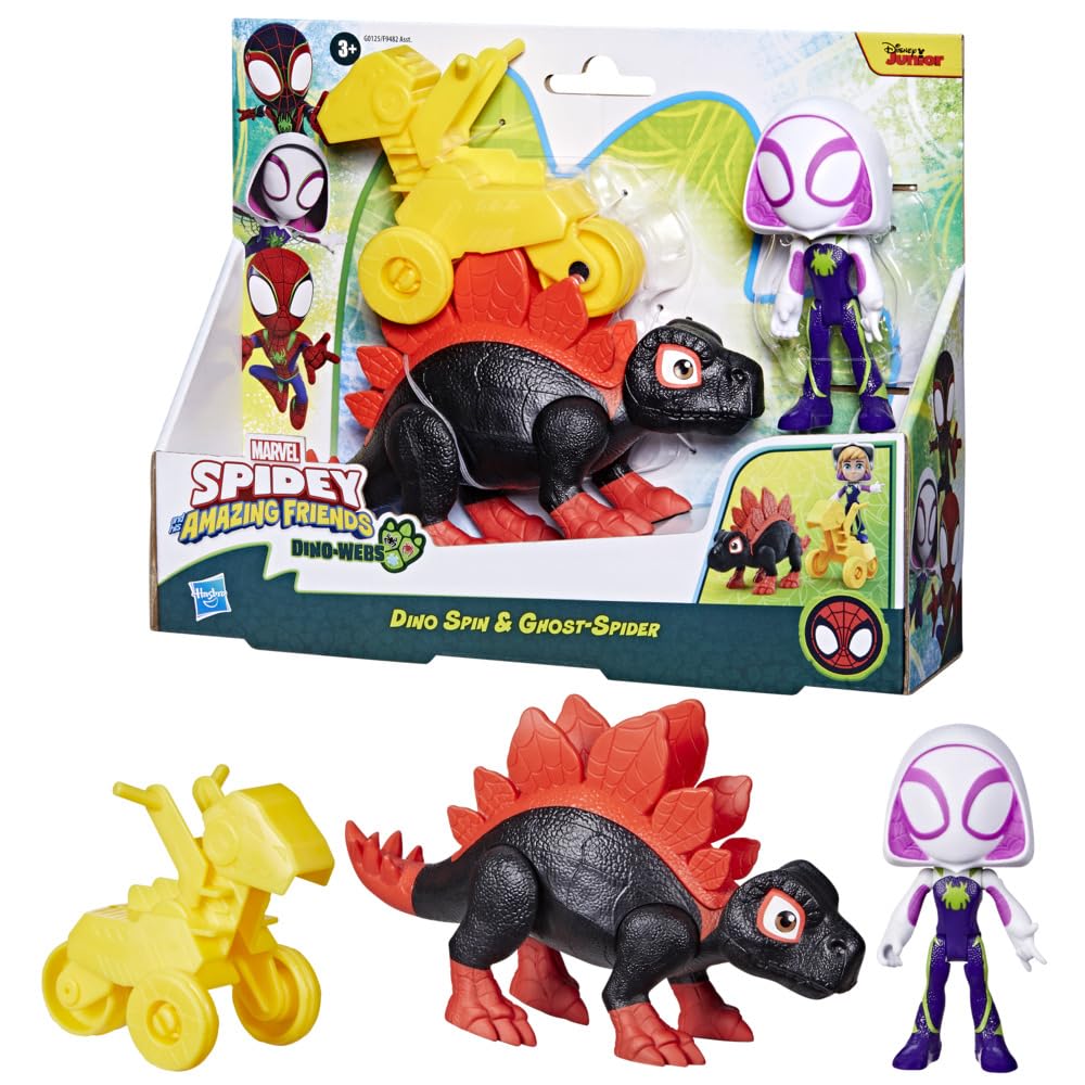 Marvel Spidey and His Amazing Friends Dino-Webs Dino Spin & Ghost-Spider 4-inch-Scale (10cm) Spider-Man Action Figure Set, Toys for Kids Ages 3 and Up