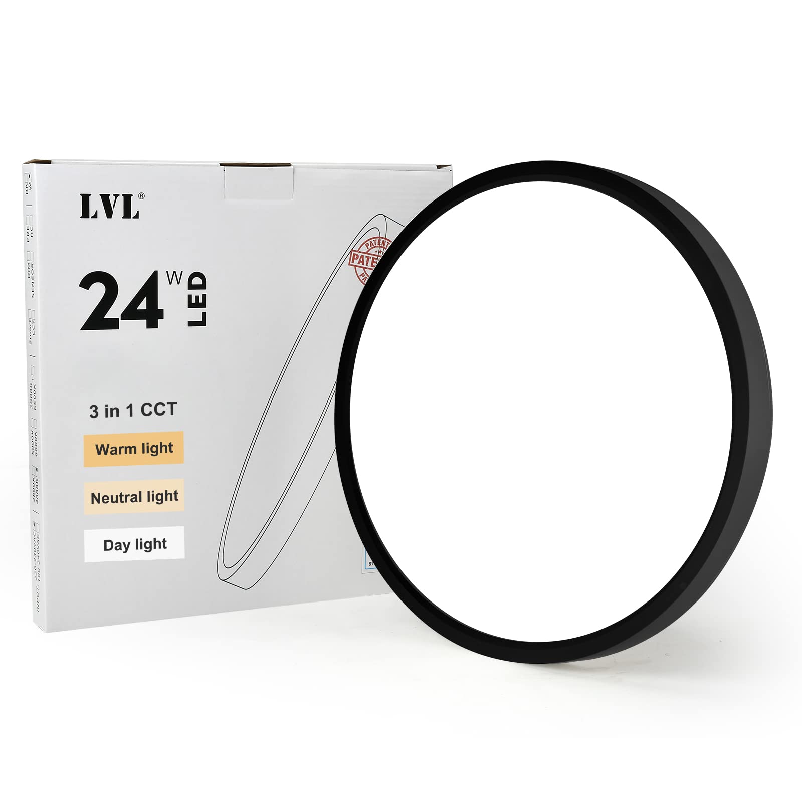 LVL LED Round Ceiling Light, 24W 30cm, CCT 3 Lighting Colors, Modern Flush Ceiling Lights for Hallway, Corridor, Kitchen, Bedroom, Utility Room, Office (Black, Φ30cm-24W)