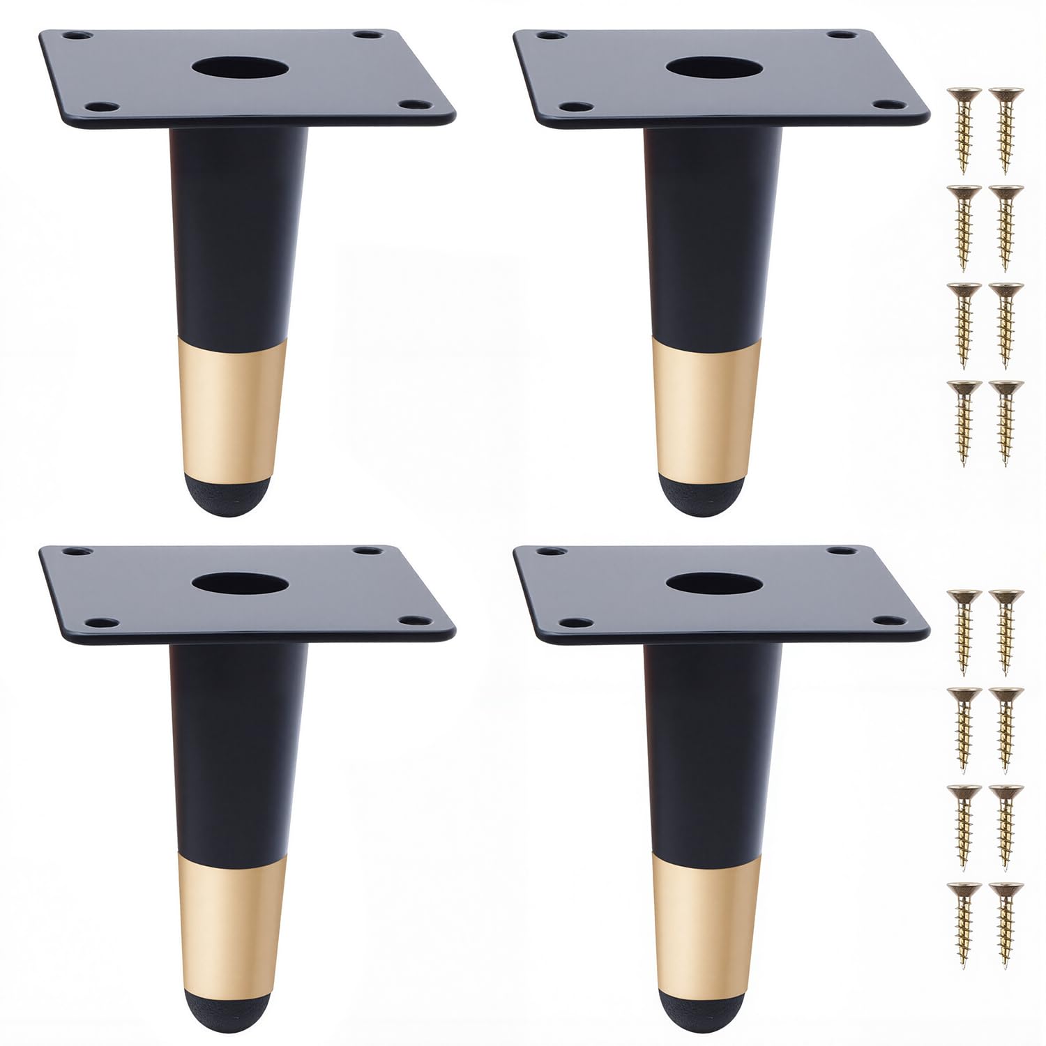 NAKUPENDA Furniture Feet, Pack of 4 Metal Legs for Furniture, Black with Gold, Cone Shape, 10 cm Height, 8 cm Width, DIY for Cabinet, Chair, Coffee Table
