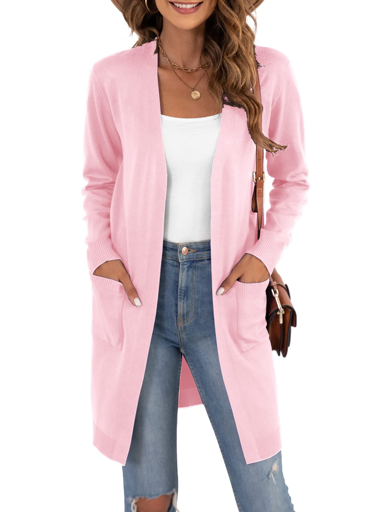 VIISHOW Women's Long Sleeve Open Front Draped Loose Knit Midi Length Lightweight Cardigan Sweater Coat with Pockets, Pink, Medium Image