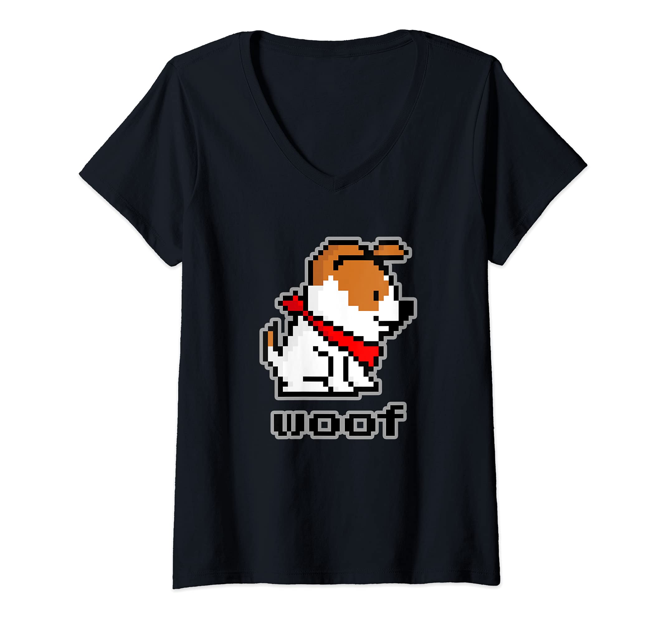 Womens Dog 8-Bit Graphic Woof For Dog Lovers Moms Dads Siblings V-Neck T-Shirt
