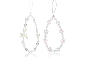 2Pcs Beaded Phone Bracelet Strap, Crystal Butterfly Flower Pearl Phone Beaded Wrist Strap Phone Bracelet Lanyard For Women Ph
