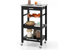Giantex Kitchen Island Cart, Mobile Kitchen Storage Cart with Stainless Steel Tabletop, Drawer, Basket, Shelf, Serving Tray, Rolling Utility Trolley Cart on Wheels for Coffee Bar Dining Room, Black