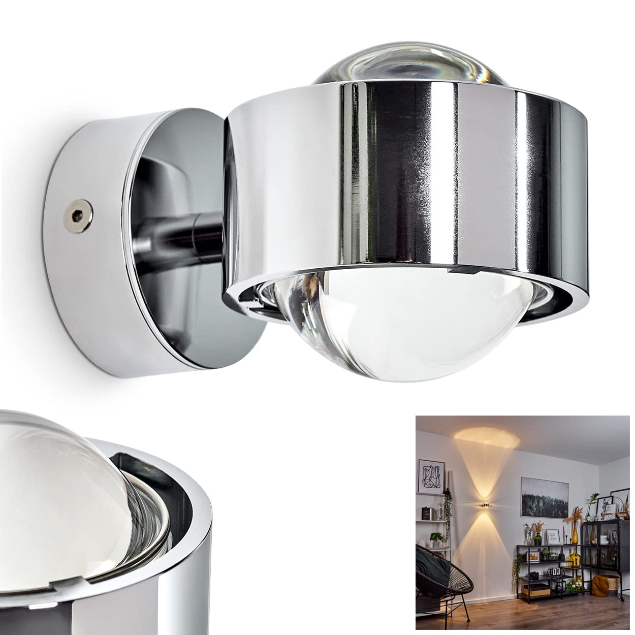 hofstein Wall lamp Sapri Straight Made of Metal with Glass Lenses in Chrome - Room lamp for Living Room - Dining Room - Kitchen - Bedroom with Great Light Patterns - Without Bulbs