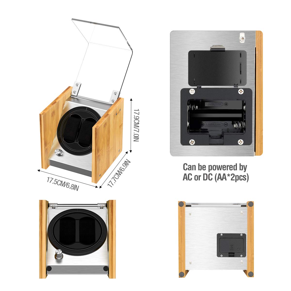 Watch Winder Smith Real Bamboo Double Watch Winders for Automatic Watches, Precision Engineered Quiet 4 Modes Rotation and Dual Power Flexibility​ AC/DC