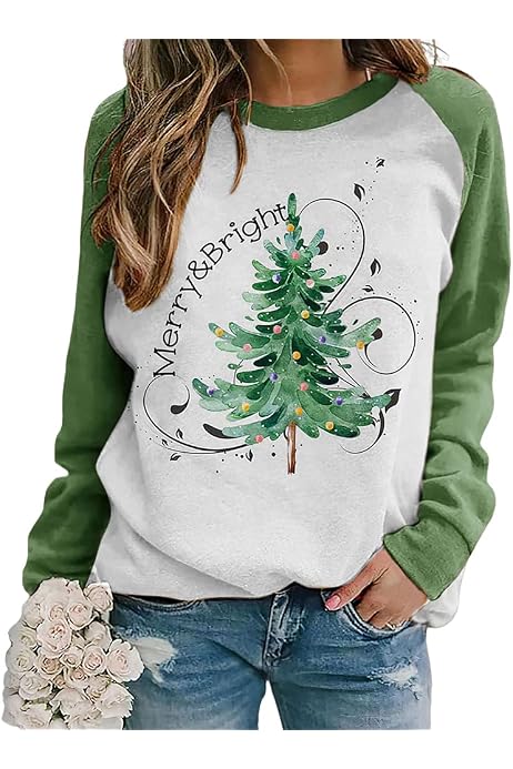 Christmas Sweatshirt for Women Merry and Bright Christmas Long Sleeves Shirt  Christmas Tree Print Blouse Tops Holiday Shirts (Blue, Small) at Amazon  Women's Clothing store