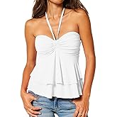 BAIGRAM Women Sweetheart Neck Tiered Ruffle Tie Up Halter Tube Sleeveless Ruched Bustier Cami Tank Summer Flowy Peplum Tops