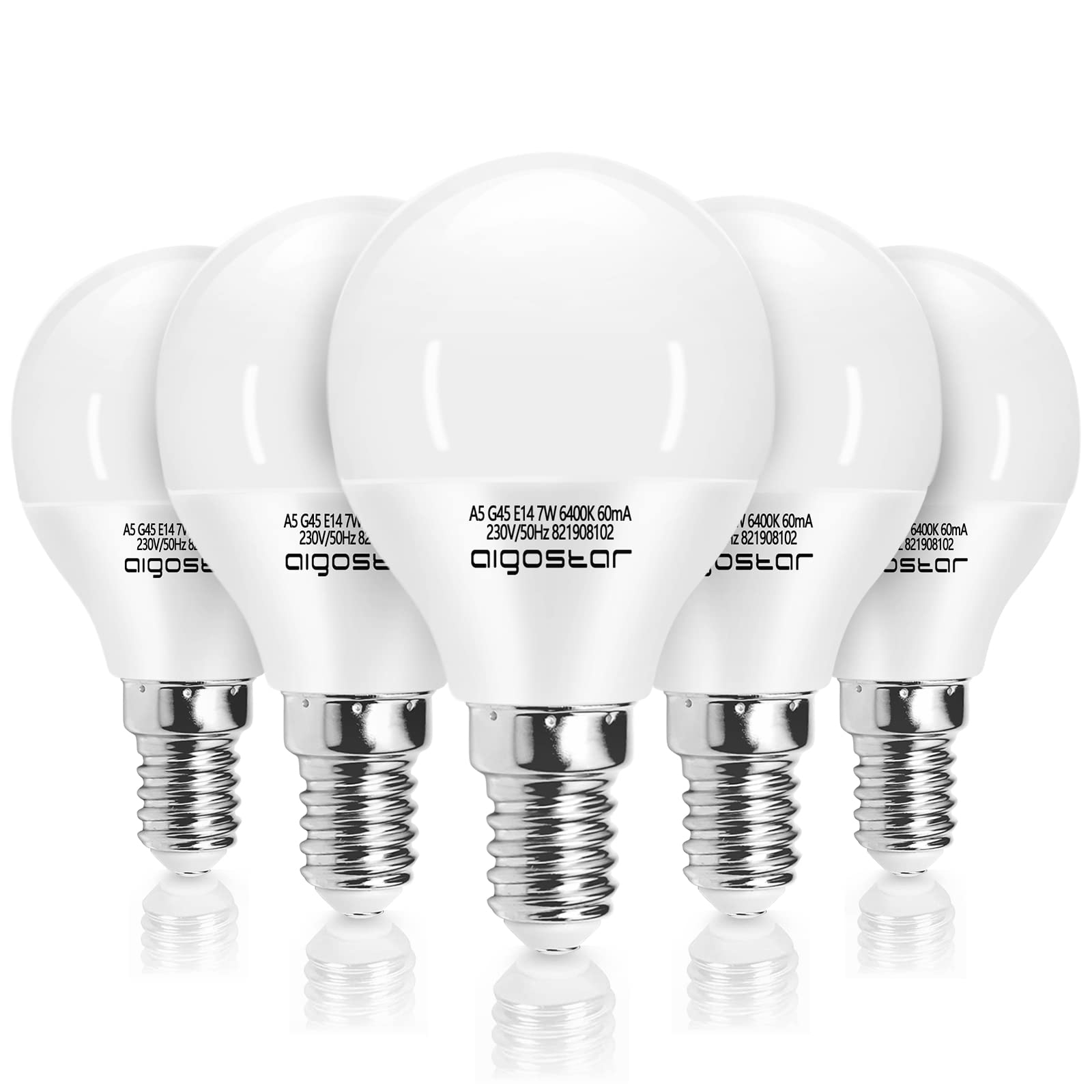 Aigostar E14 Small Edison Screw Golf Ball Bulb, G45 SES LED Light Bulbs 7W(43W Equivalent), 6400K Cool White E14 LED Bulb, 5 Pack, 520LM