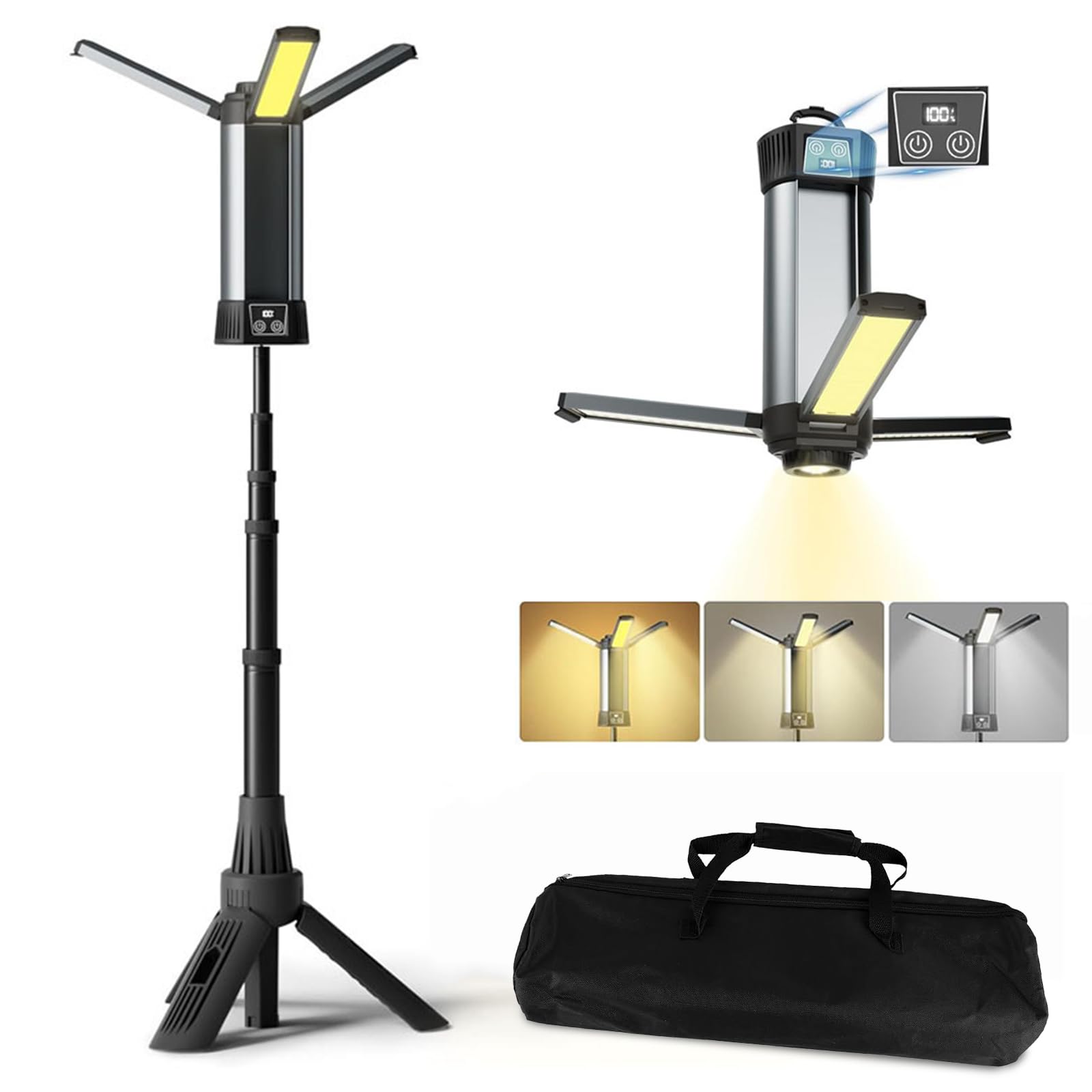 PATENTED:6442622,Camping Lamp with 6000mAh,3 Color Temperatures Dimmable,Super Bright Searchlight,Rechargeable Wireless Work Light,With Extendable Tripod,2000 Lumens,For Camping,Construction Sites,Etc