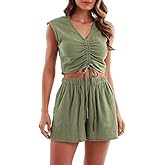 Amazhiyu Women's Crinkle Cotton Gauze 2 Piece Sets Summer Shorts and Tops Outfit