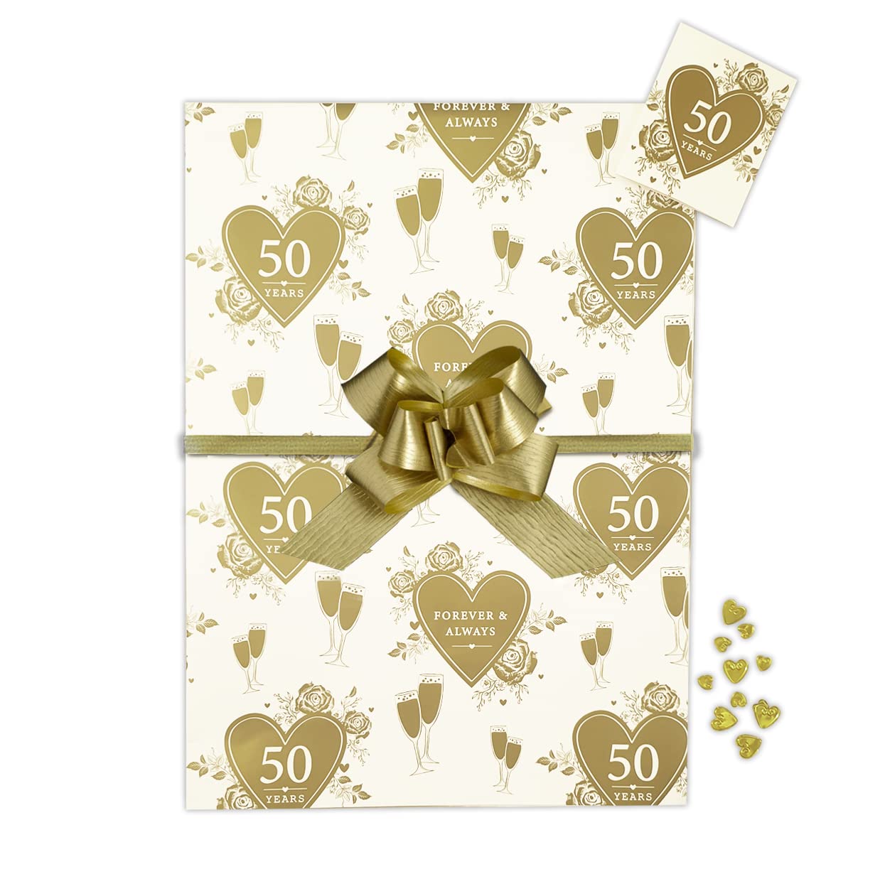 OKEPS Golden 50th Anniversary Wrap Pack, 2 Gift Paper Wrapping Sheets 2 Tags 2 Pull Bows and a Sprinkling of Gold Heart Confetti, Arrives in an A4 Boarded Envelope for Protection,