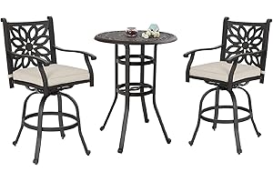 MFSTUDIO 3 PCS Retro Cast Aluminum Patio Bar Set with 2 Swivel Bar Height Stool and 1 Bar Round Table, All Weather Resistant Outdoor Table and Chairs Set