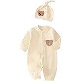 Ganwawo Baby Boys Girls Clothes with Hat, 100% Cotton Long Sleeve Ribbed Knit Button Infant Baby Romper Outfit