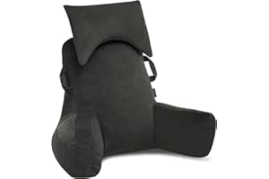 Unisakey Portable Reading Pillows with Headrest for Bed Sitting Up(Grey Oeko-Tex), Velvet Back Pillow with Arms & Pockets for Adults, Support Memory Foam Bed Pillow for Dorm/Reading/Watching/Gaming