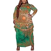 Fooullaide Women's Plus Size Maxi Dress Print Loose Oversize Long Sleeve Baggy Tshirt Casual Tunic Dresses with Pocket