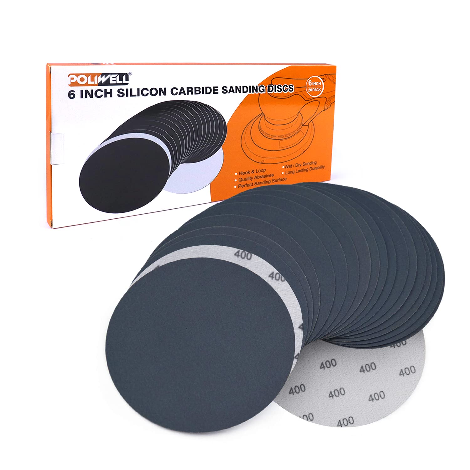 6 Inch (150mm) 400 Grit Sanding Discs, Waterproof Hook & Loop Heavy Duty Silicon Carbide Round Flocking Sandpaper for Wet/Dry Sanding Grinder Polishing Accessories, 20-Pack