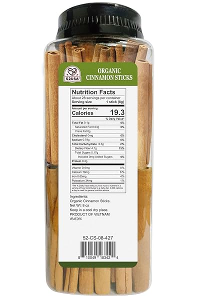 52USA ORGANIC CINNAMON STICKS, CINNAMON 8OZ (226G), CINNAMON STICKS WHOLE, 100% RAW, USDA & KOSHER CERTIFIED, GLUTEN FREE, NON-GMO, PURE & FRESH CINNAMON, PERFECT FOR BAKING, COOKING & BEVERAGES