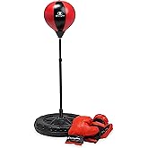 Champion Boxing Punching Bag Set for Ages 3-10 (Red/Black), Adjustable 30”-43” Stand, PU-Covered Foam Boxing Gloves & Water/Sand Fillable Base for Indoor & Outdoor Use