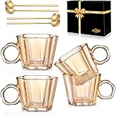 Vintage Glass Coffee Mugs Set of 4, 11oz Creative Flower Glass Coffee Cups with Spoons - Cute Tea Cups with Handle, Art Glassware, Unique Birthday Gifts