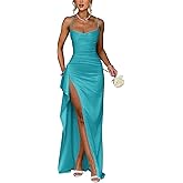 Qgeno Satin Bridesmaid Dresses 2025 Prom Dress Pleated Spaghetti Straps Formal Evening Gowns with Slit