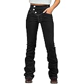 Flamingals Bootcut High Waist Wash Stitch Detail Button Up Women's Jeans Stretchy Trendy Denim Pants