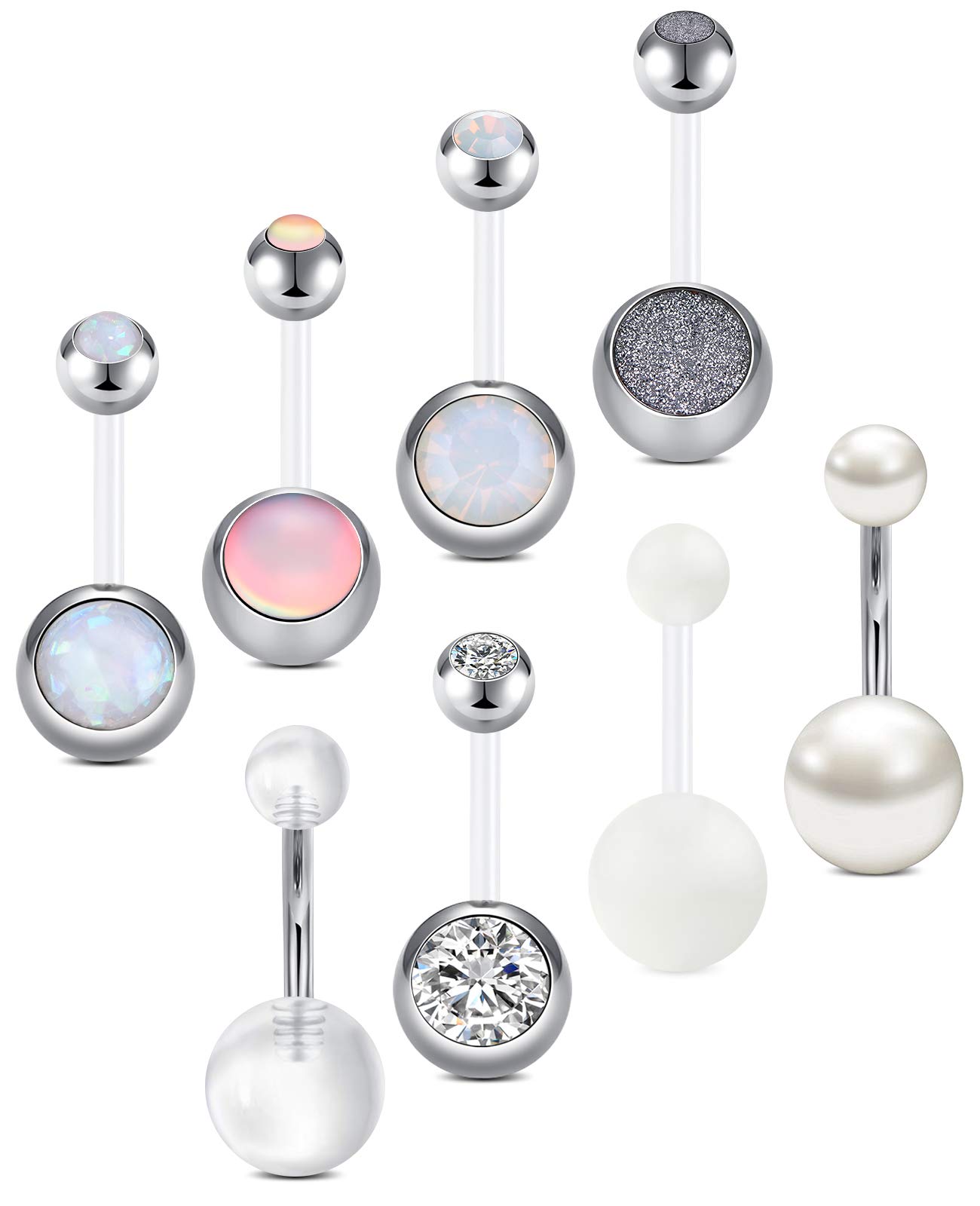 FECTAS 8PCS Belly Button Rings 14G 10mm Stainless Steel & Flexible Belly Navel Bars Banana Barbells Body Piercing Jewellery