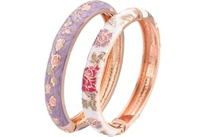 UJOY Fashion Cloisonne Bracelets Set Gold Plated Enameled Jewelry Spring Hinged Metal Cuff Bangles Gift Box Packed