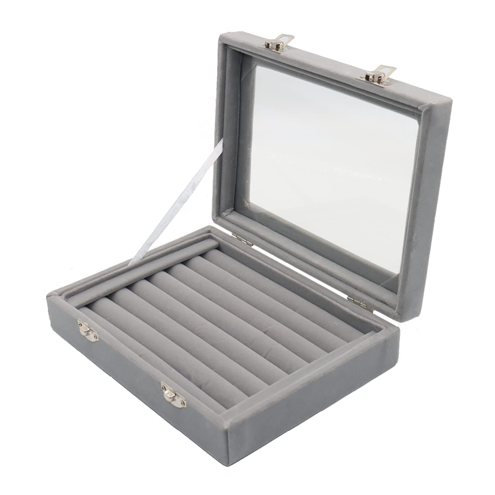 Ring Box, Ring Holder Boxes For Jewellery Ear Ring Box For Storage Jewellery Organiser Earring Holder Ring Boxes For Women 7 Slots Velvet With Glass Windows (Grey)