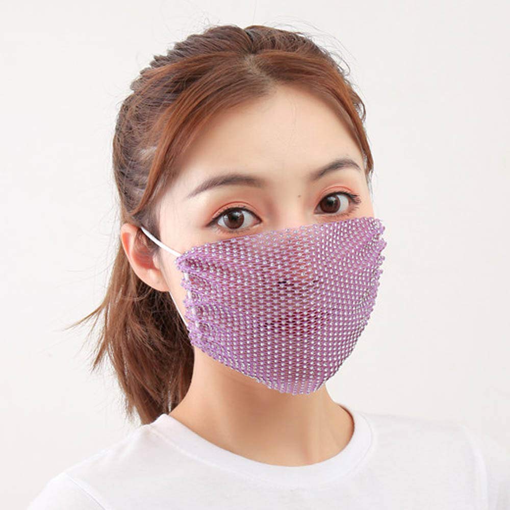 Yienate Sparkly Rhinestone Masquerade Mask Transparent Mesh Mask Halloween Nightclub bling Crystal Face Mask Fashion Decoration Mask Jewelry for Women and Girls (Purple)