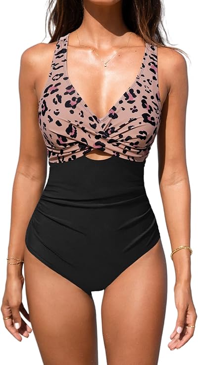CUPSHE Damen Badeanzug Wickeloptik V Ausschnitt Zierausschnitten Bauchweg Raffungen Einteilige Bademode Swimsuit