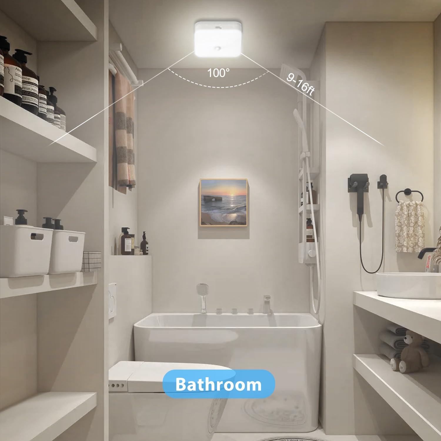 Rechargeable Motion Sensor Closet Light, Rechargeable Battery Operated Ceiling Light Wireless, 500LM Wireless Motion Activated Light for Shower Stairs Hallway Pantry Porch Garage, 5000K