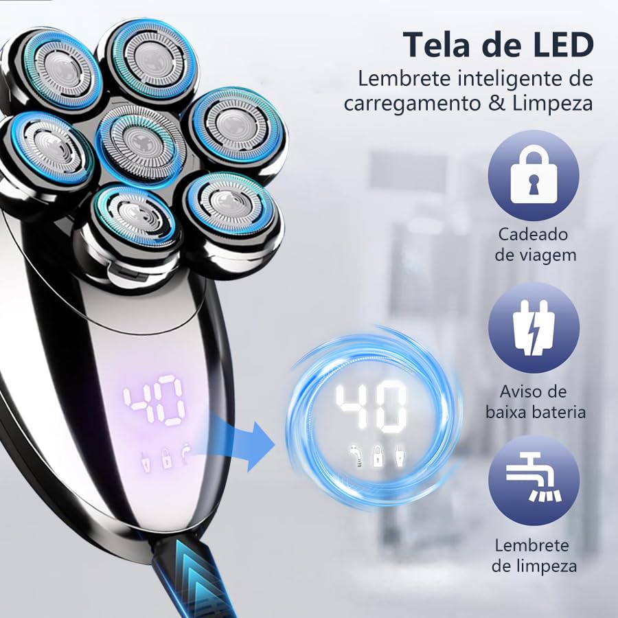 Barbeador Elétrico Masculino com 7 Lâminas Flutuantes 360°, IPX7 à Prova D'água, Máquina de Barbear USB Recarga Rápida, 50 Minutos Autonomia, Display LED + Acessórios (Cortador de Pelos Nasais)