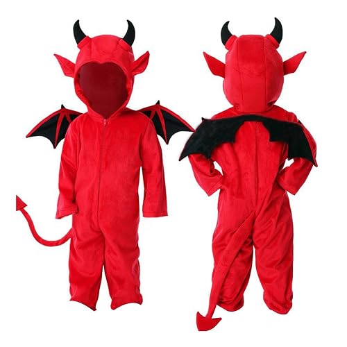 Toddler & Kids Devil Costume Red Halloween Outfit Cute Boys Girls Jumpsuit Fancy Dress, Child Cosplay Clothes with Hood Horns Tail and Wings for Party Carnival Trick or Treat Role Play (7-8 Years)