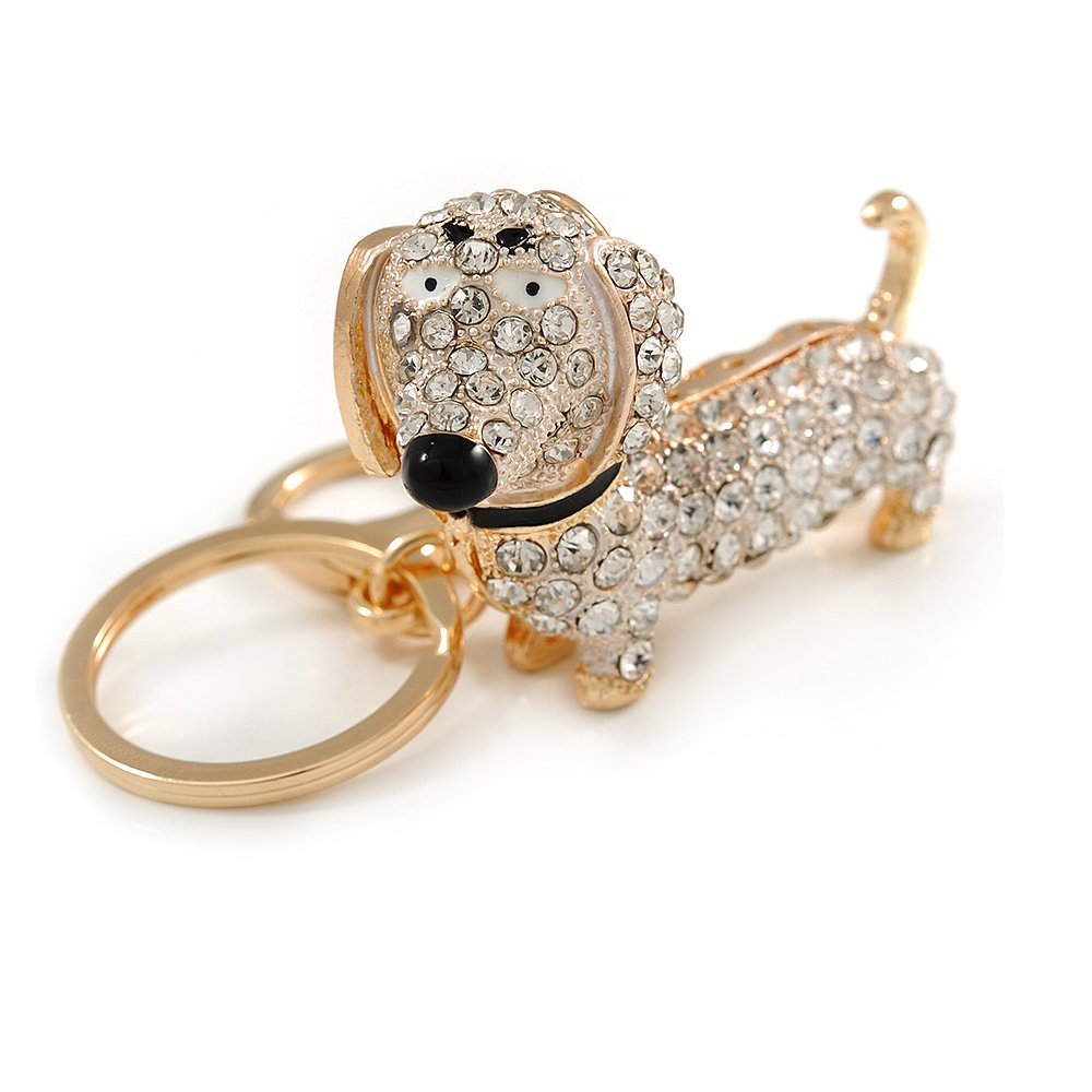 Avalaya Clear Crystal Badger-Dog Keyring/Bag Charm In Gold Tone Metal - 7cm L