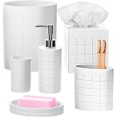 Creative Scents Polar White 6 Piece Bathroom Accessories Set | Includes Trash can, Tissue Box Cover, Soap Dispenser, Toothbrush Holder, Tumbler Cup &amp; Soap Dish