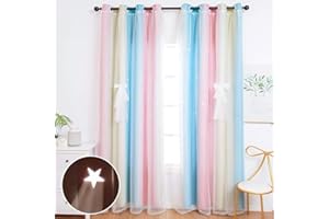 UNISTAR 2 Panels Star Blackout Curtains for Kids Girls Bedroom Aesthetic Living Room Colorful Double Layer Cut Out Stripe Pink and Blue Rainbow Window Home Decoration Curtain W42 x L84 Inches