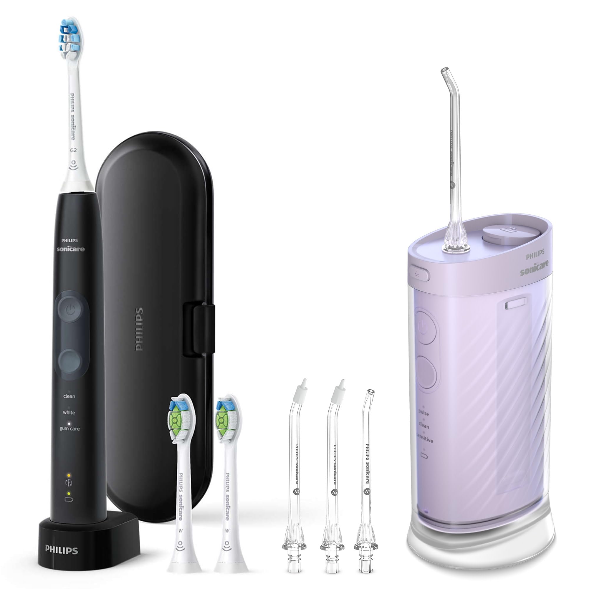 Philips Sonicare Compact Flosser 1000, Purple, ProtectiveClean 5300 Rechargeable Electric Toothbrush and 2PK Compact Nozzle Bundle Image