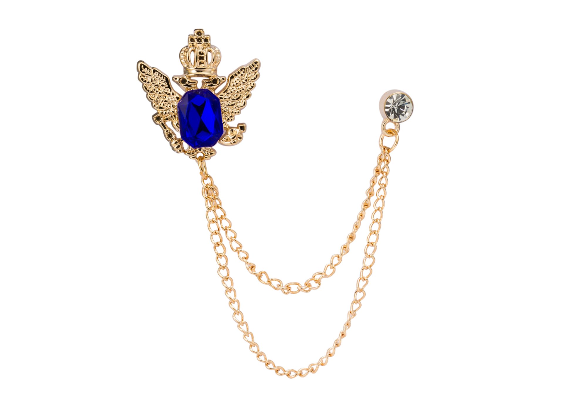 Brooch Lapel Pin for Men Crowned Blue Stone with Hanging Chain Badge Coat Suit Wedding Gift Party Shirt Collar Accessories
