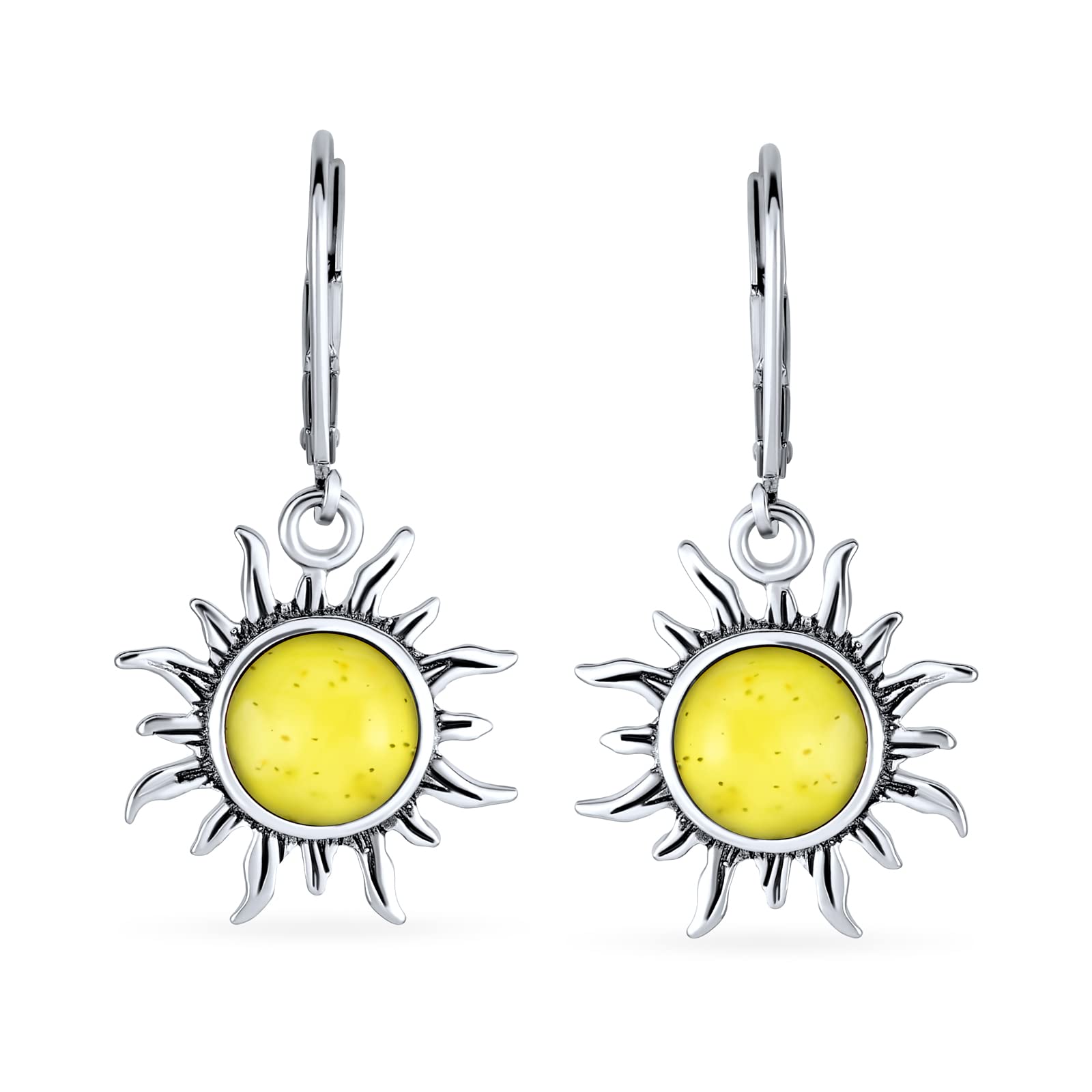 Tropical Honeymoon Vacation Beach Sun Rise Genuine Lemon Yellow Amber Round Sunburst Dangle Drop Earrings For Women Lever back Oxidized .925 Sterling Silver