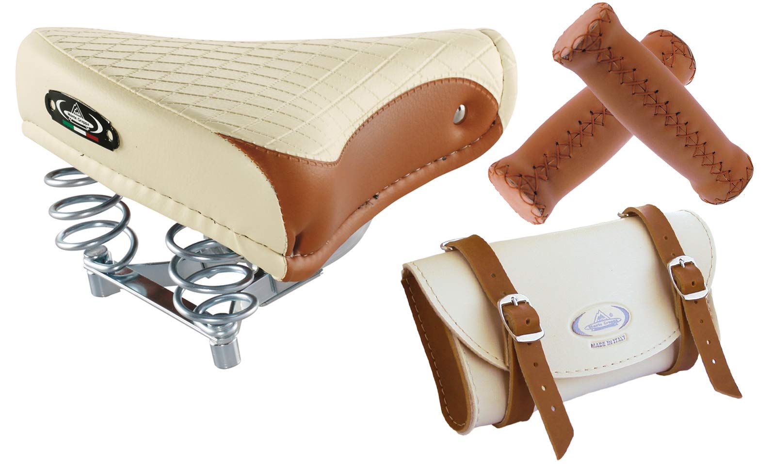 Selle Montegrappa BICYCLE_SEAT (Cream/Honey) Vintage Saddle 1750 Export + Bag 0016 + Grips, Handmade Italian Craftsmanship, 100% Made in Italy, Unisex