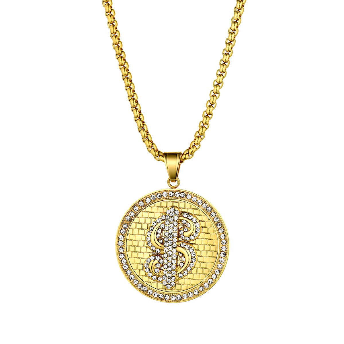 JewelryWe Men's Gold Plated Necklace Chain with Dollar Sign Pendant Hip Hop Biker Chain, for Xmas