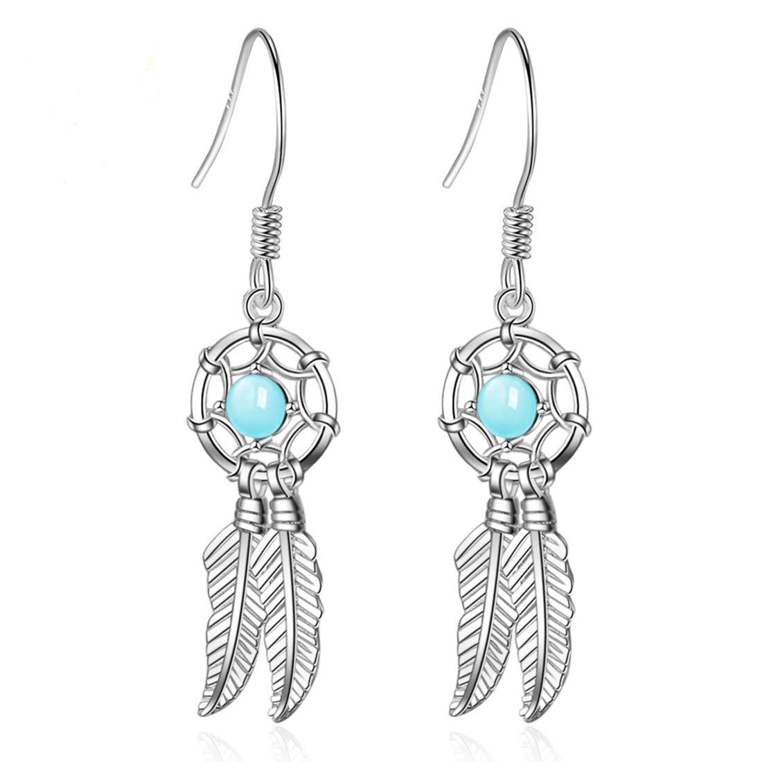 Ms.Swan 925 Sterling Silver Bohemian Dream Catcher Hanging Earrings, Feather Mid-length Hanging Earrings for Womens and Girls