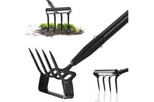 UIABOPZ Stirrup Hoe, Heavy Duty Hula Hoe with 32-62" Adjustable Long Handle, 2 in 1 Action Hoe with Cultivator Rake, Scuffle Hoe, Hula Hoe Garden Tool for Weeding Grass, Loosening Soil, Sharp Blade, Black