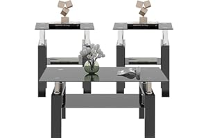 ODUSE-DAILY Black Glass Coffee Table Set of 3 Piece, Living Room Tables Set of 3 Pcs, Including 1 Coffee Table and 2 End Side Tables, Metal Frame, Tempered Glass, for Small Space and Home office, Apartment